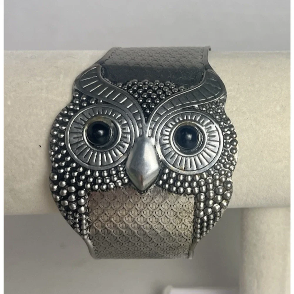Owl Cuff Clamper Bracelet Lot Sea Green Enamel Silver Tone & Gold Tone Boho